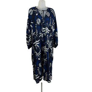 H&M Long Sleeve Navy Blue, Blue, White Drawstring V Neck Tie Midi Dress Large